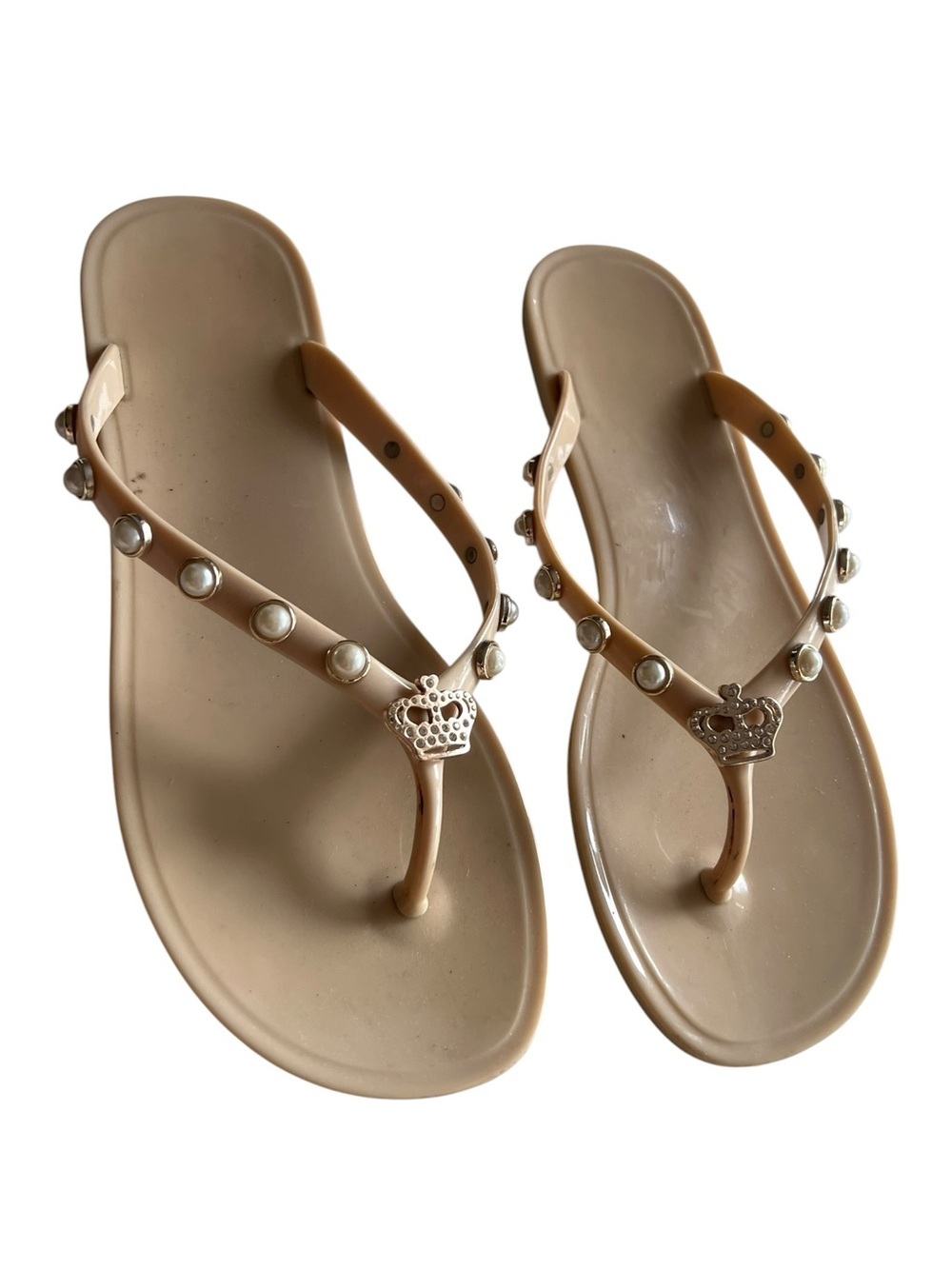 Juicy Couture Rhea Flip Flops Rubber Beige Pearl Straps Rhinestone Crown 39
